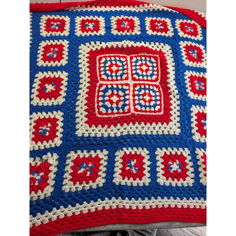 Handmade Crochet Afghan Blanket Red White Blue Granny Square 51x51